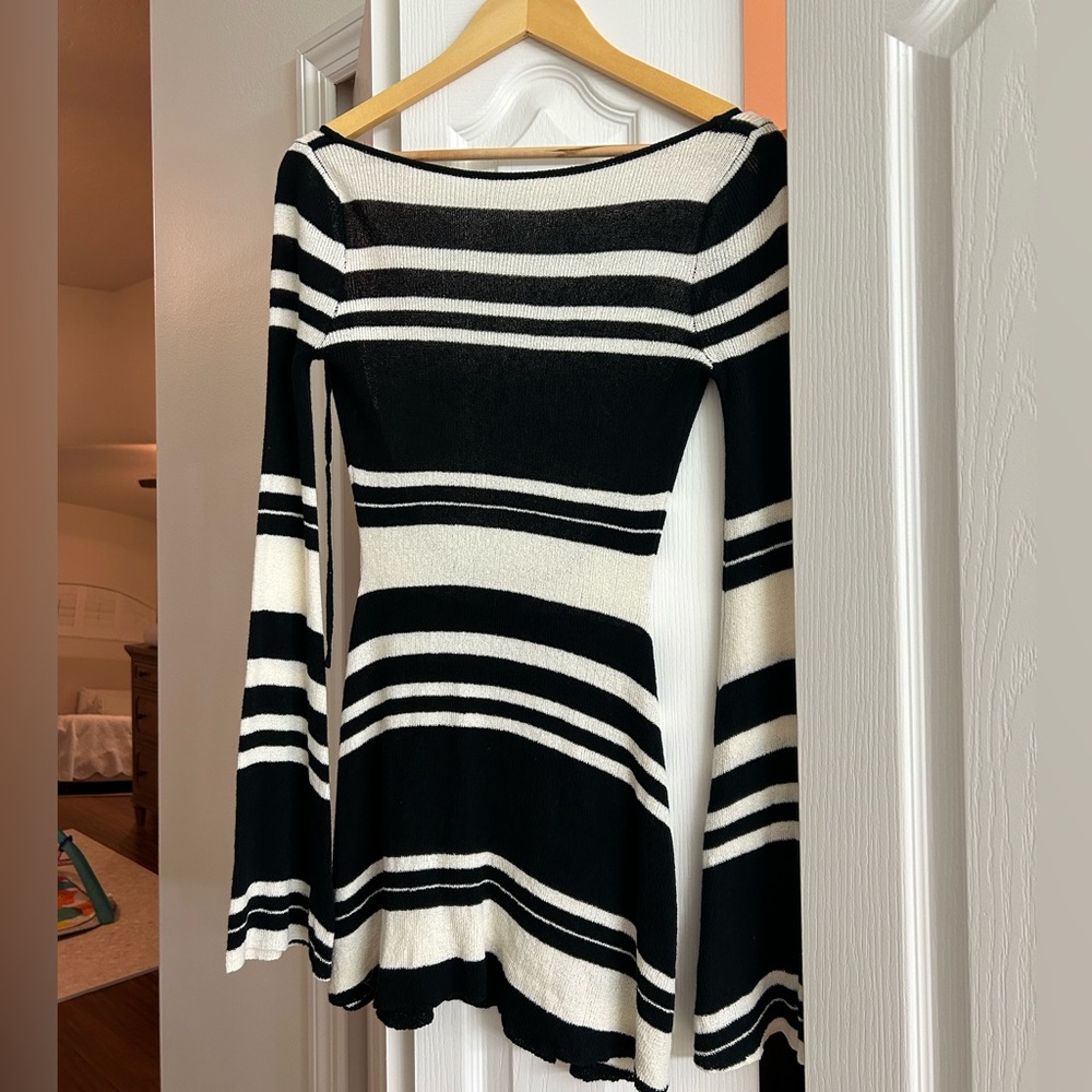 Meshki Black and Cream Striped Long Sleeve Dress